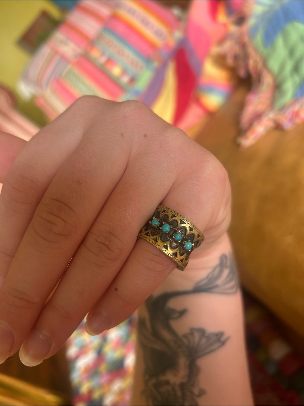 Vintage-Style Turquoise Accent Wide Band Ring - Brass Finish
